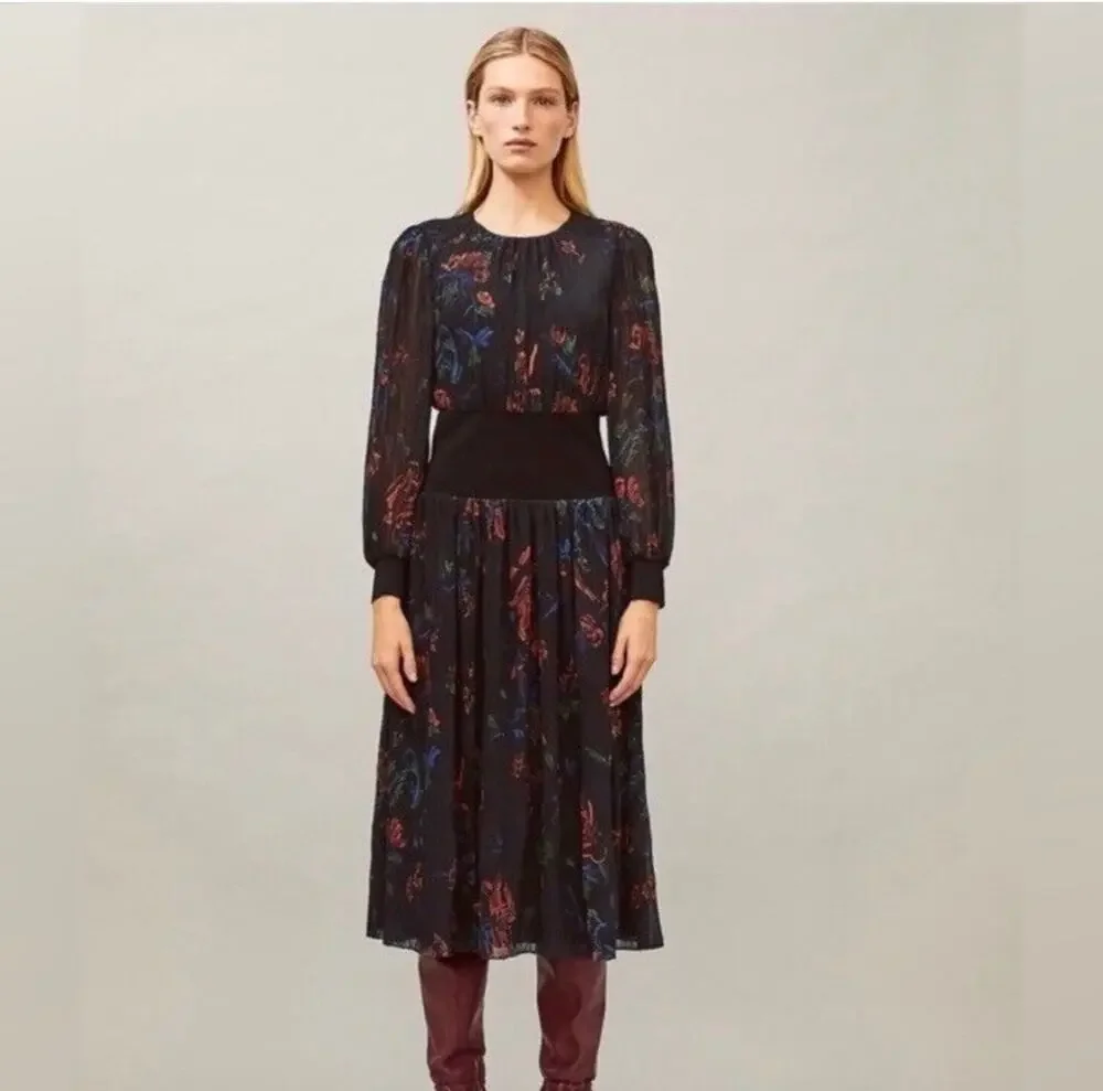Tory Burch Floral Midi Dress in Ceramic Bouquet Long Sleeve Smocked Waist Size 6